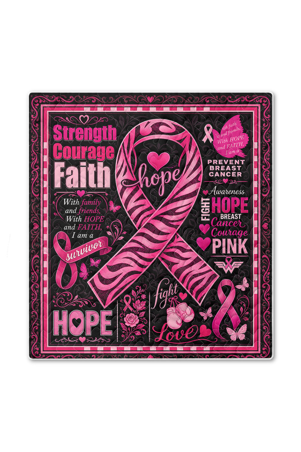 Zebra Ribbon Strength Courage Faith Quilt Blanket
