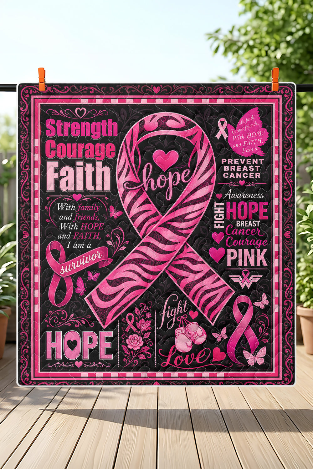 Zebra Ribbon Strength Courage Faith Quilt Blanket
