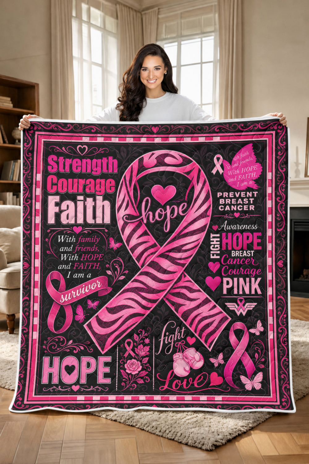 Zebra Ribbon Strength Courage Faith Quilt Blanket