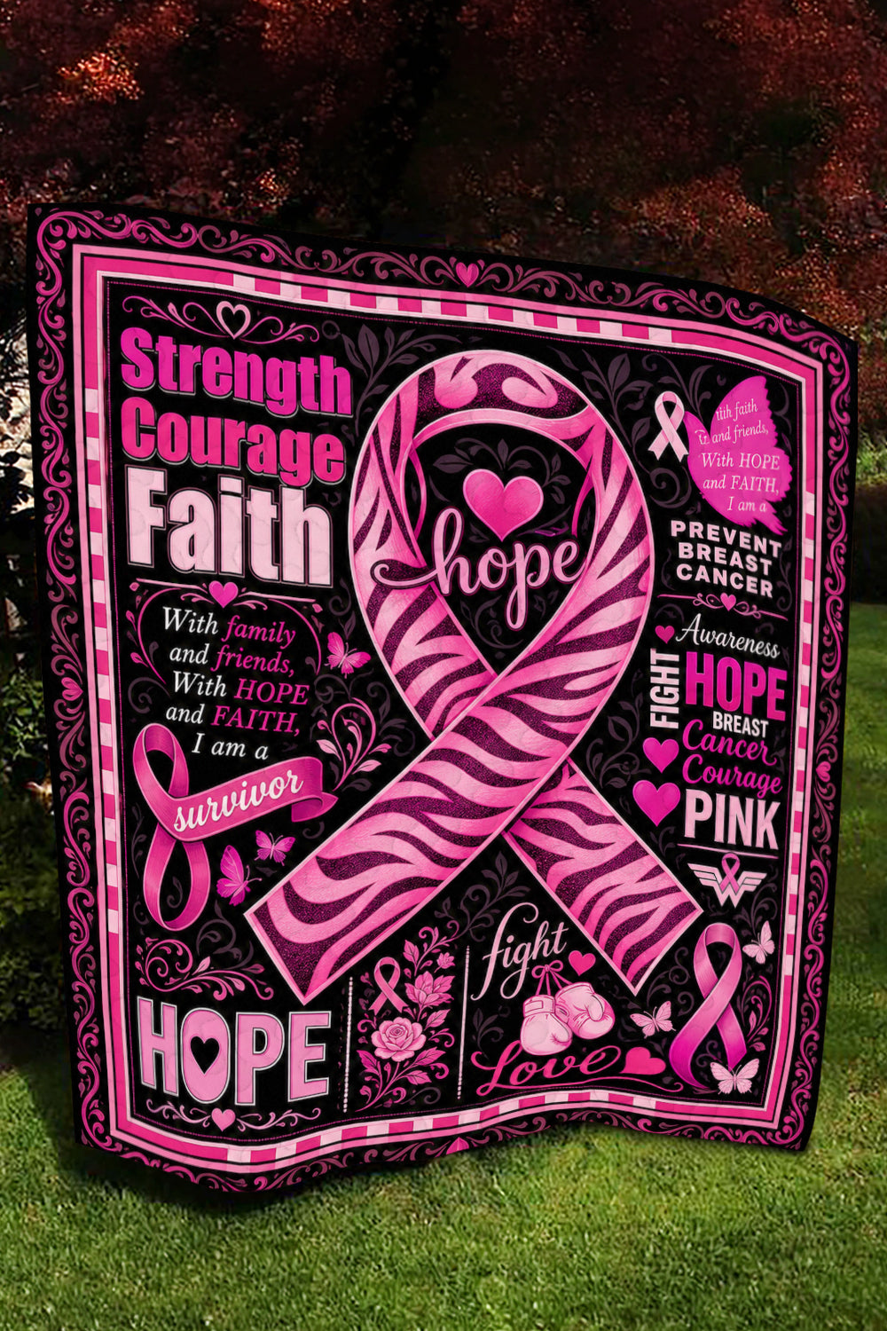 Zebra Ribbon Strength Courage Faith Quilt Blanket