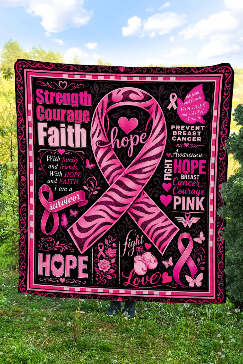 Zebra Ribbon Strength Courage Faith Quilt Blanket