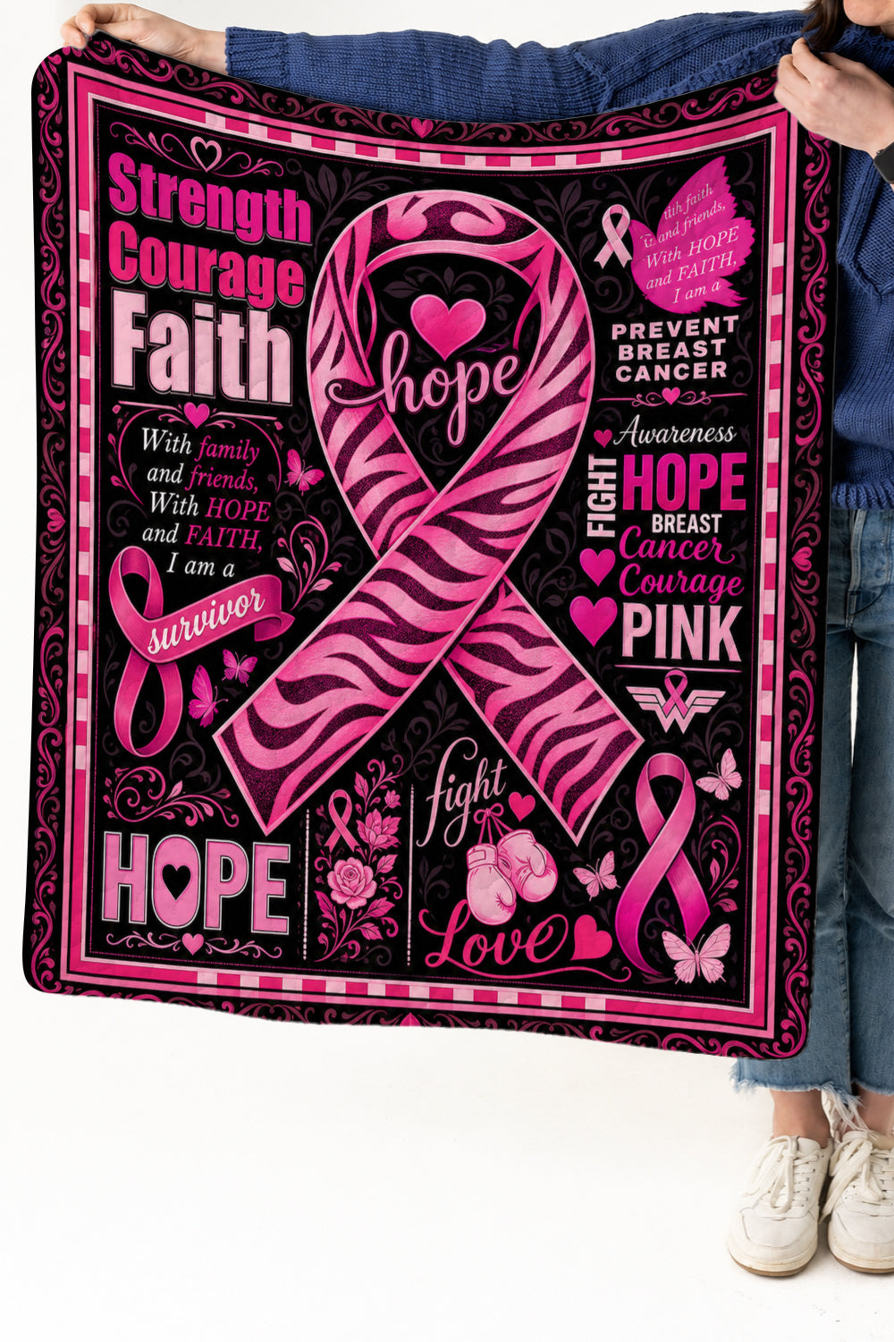 Zebra Ribbon Strength Courage Faith Quilt Blanket