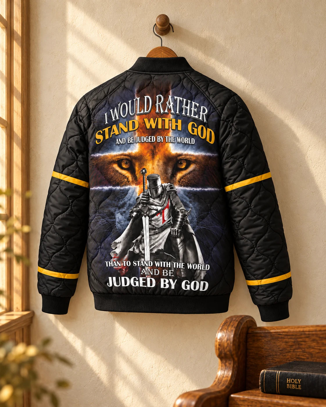 Stand With God quilted bomber jacket on an oak peg in warm morning light, back artwork visible