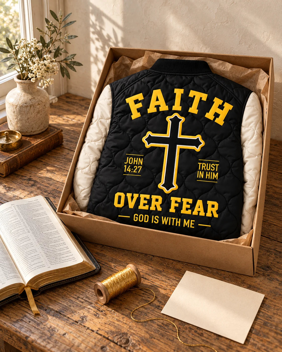 Faith Over Fear quilted jacket arranged in a kraft gift box beside a Bible
