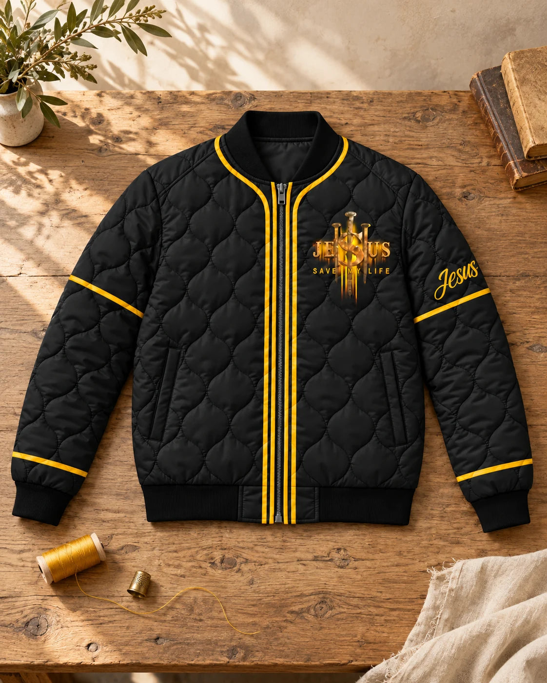 Stand With God jacket on an oak table, blank right sleeve for a name preview