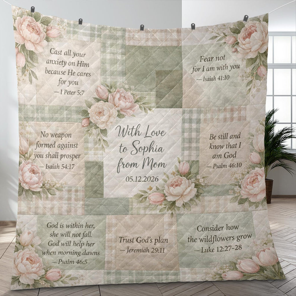 Personalized Christian Blanket with Bible Verses, Custom Name Faith Quilt Throw, Floral Scripture Gift, Religious Gift for Women Mom