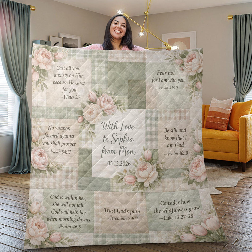 Personalized Christian Blanket with Bible Verses, Custom Name Faith Quilt Throw, Floral Scripture Gift, Religious Gift for Women Mom