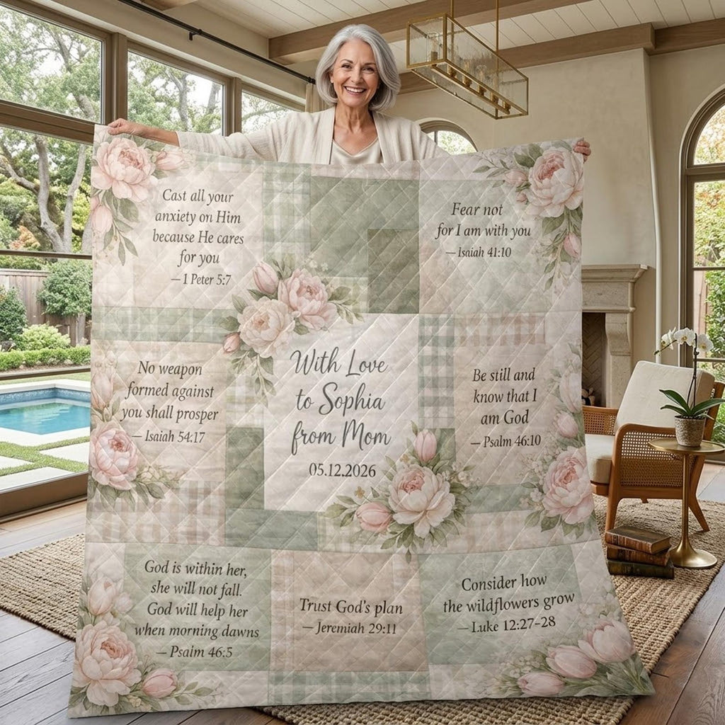 Personalized Christian Blanket with Bible Verses, Custom Name Faith Quilt Throw, Floral Scripture Gift, Religious Gift for Women Mom