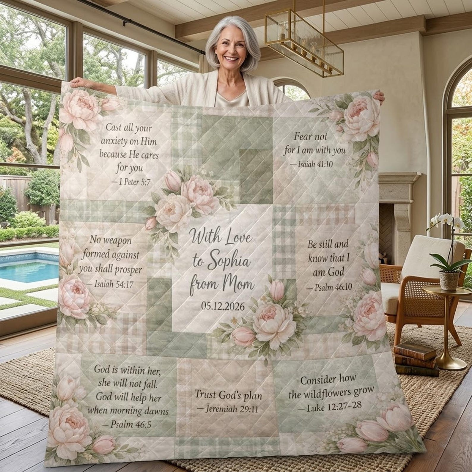 Personalized Christian Blanket with Bible Verses, Custom Name Faith Quilt Throw, Floral Scripture Gift, Religious Gift for Women Mom